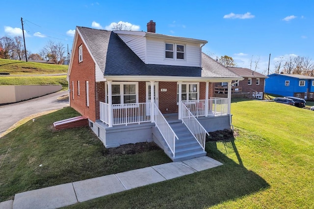 bungalow-style home with a porch and a front lawn