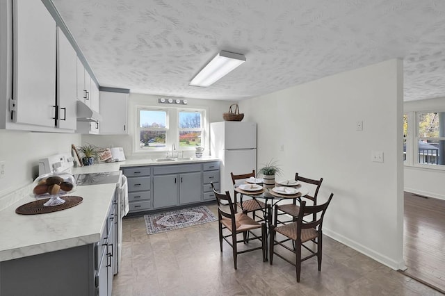 kitchen with white refrigerator, stove, sink, and gray cabinetry