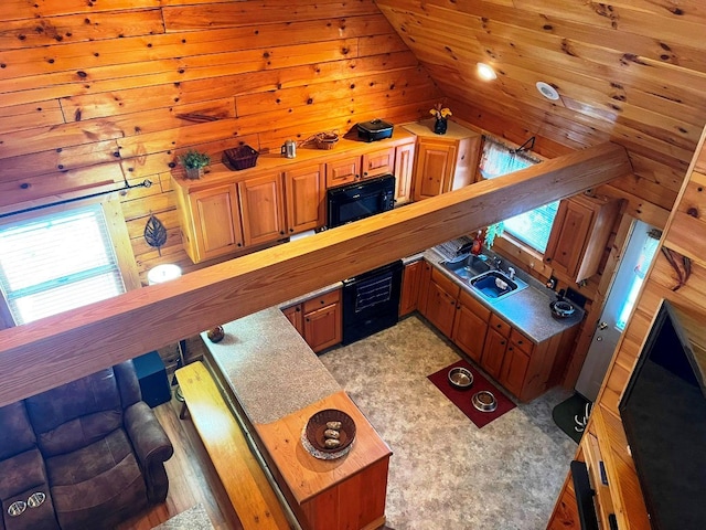 living room with lofted ceiling, sink, and wood ceiling