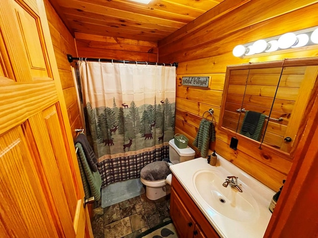 bathroom with walk in shower, toilet, wood walls, wood ceiling, and vanity