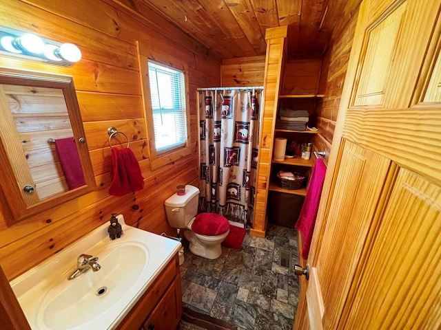 bathroom with vanity, wood ceiling, toilet, and wood walls