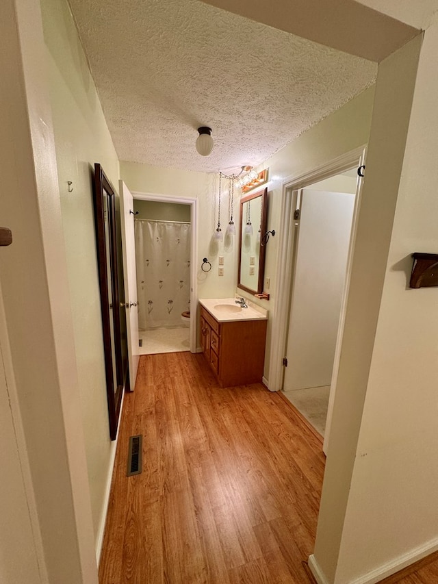 15296 Blueberry Ln, Chilhowie, VA 24319 - bathroom with wood finished floors, vanity, curtained shower, and a textured ceiling