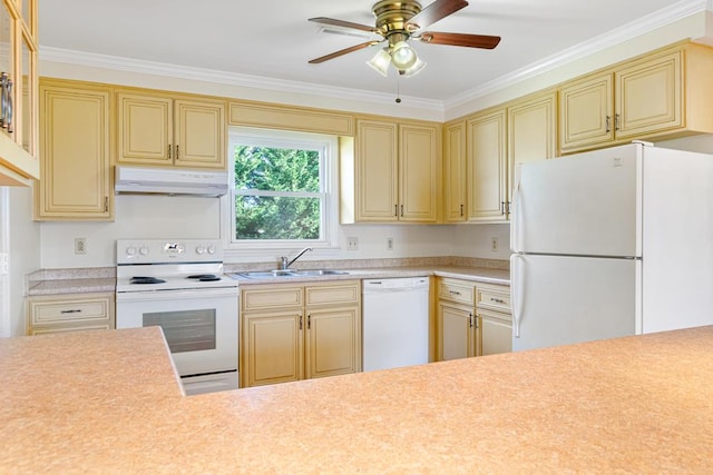 kitchen featuring white appliances, light countertops, under cabinet range hood, and a sink