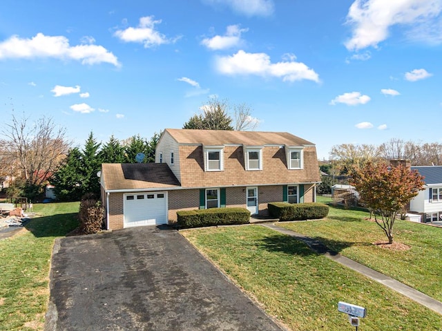 colonial inspired home with an attached garage, a front yard, brick siding, roof with shingles, and driveway