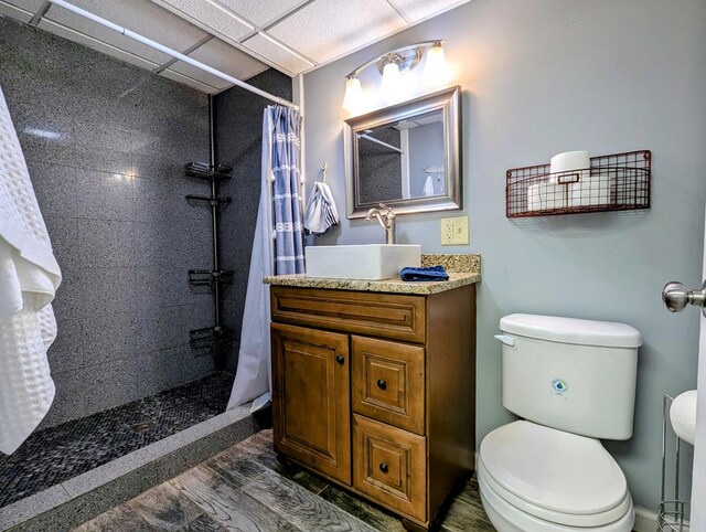 full bathroom with a tile shower, vanity, and toilet