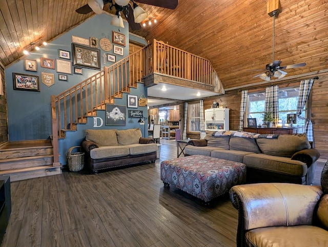 living room featuring a ceiling fan, wooden ceiling, stairway, wood finished floors, and high vaulted ceiling