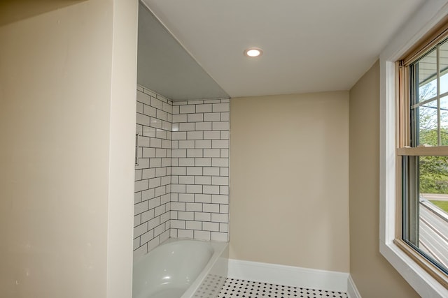 bathroom with recessed lighting, baseboards, bathtub / shower combination, and tile patterned flooring