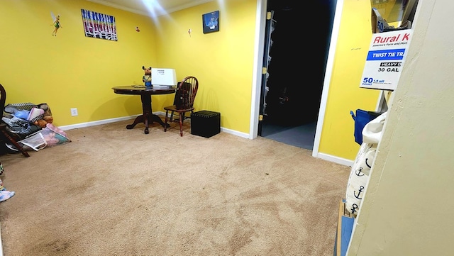 office featuring carpet floors, crown molding, and baseboards