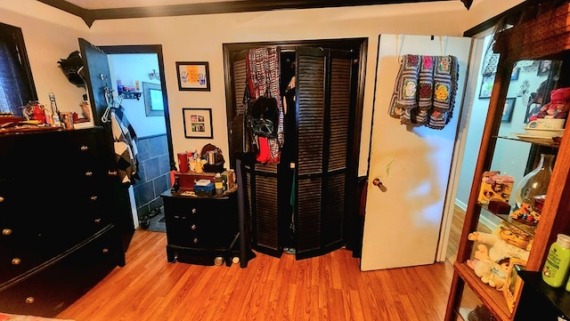 bedroom with wood finished floors and a closet