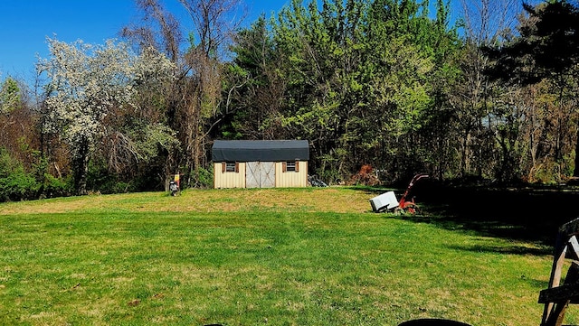 view of yard featuring a storage unit, an outbuilding, and a view of trees