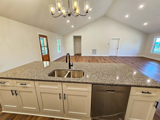 313 Fox Run Dr, Galax, VA 24333 - kitchen featuring dishwasher, open floor plan, dark wood-style flooring, lofted ceiling, and recessed lighting