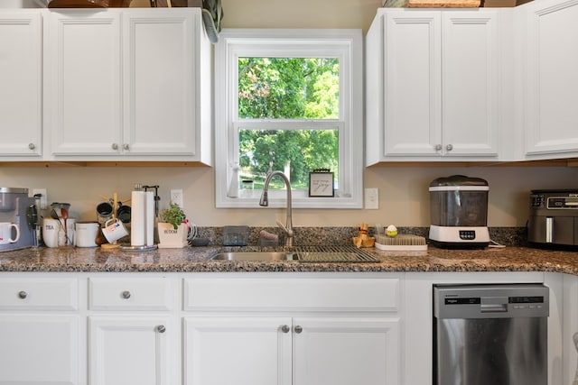 1048 Preston Dr, Radford, VA 24141 - kitchen with dishwasher, white cabinetry, and dark stone counters