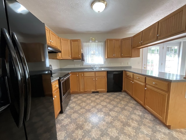 kitchen featuring black appliances, under cabinet range hood, a sink, and plenty of natural light