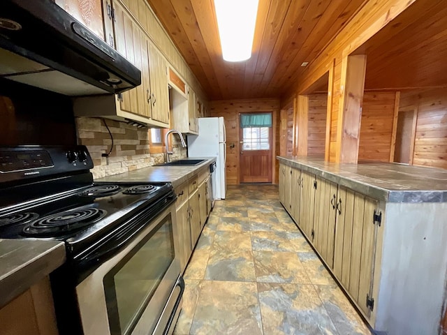 kitchen featuring stainless steel countertops, under cabinet range hood, wood ceiling, stainless steel range with electric stovetop, and a sink