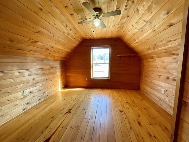 bonus room featuring a sauna, lofted ceiling, wood ceiling, light wood-style floors, and wood walls