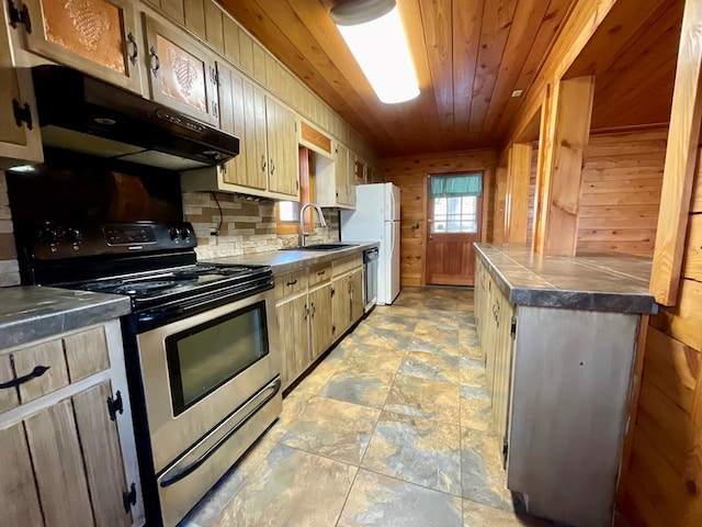 kitchen with under cabinet range hood, a sink, stainless steel appliances, wooden walls, and wood ceiling