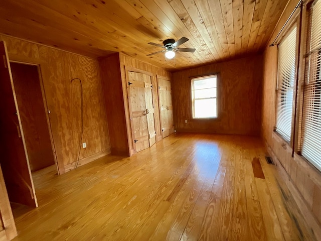 interior space with wooden walls, visible vents, light wood finished floors, ceiling fan, and wooden ceiling