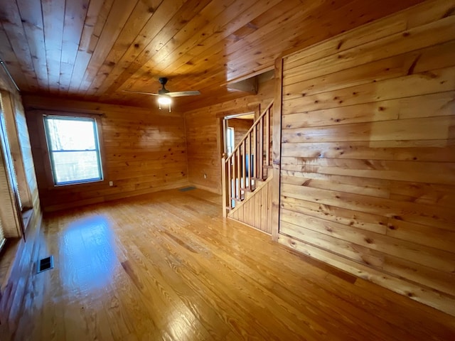 unfurnished room with visible vents, wood finished floors, wood walls, wood ceiling, and stairs