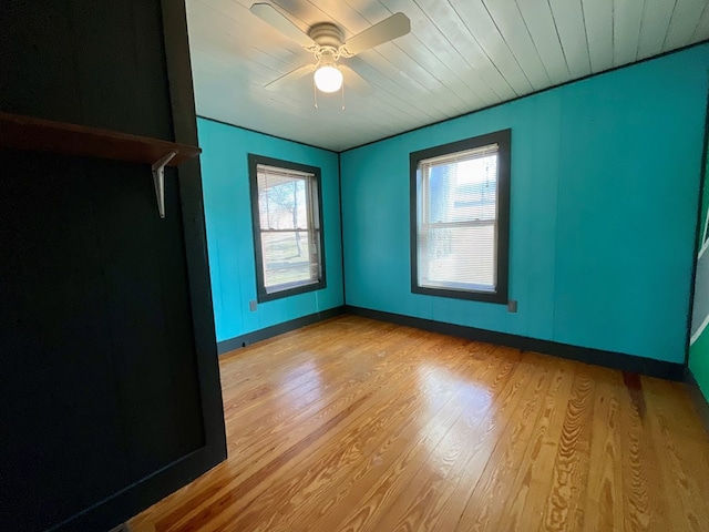 spare room featuring a ceiling fan, wooden ceiling, light wood-style floors, and baseboards