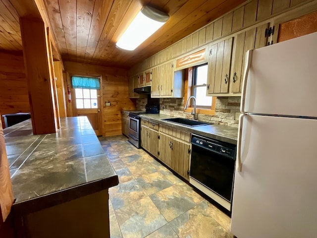 kitchen featuring stainless steel electric stove, freestanding refrigerator, a sink, black dishwasher, and wooden ceiling