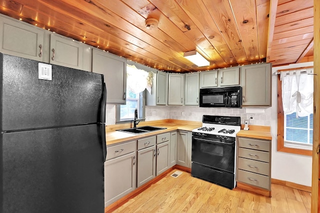 kitchen with black appliances, butcher block counters, decorative backsplash, sink, and wooden ceiling