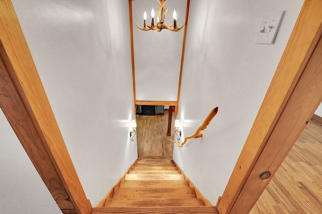 stairs with hardwood / wood-style flooring and a chandelier