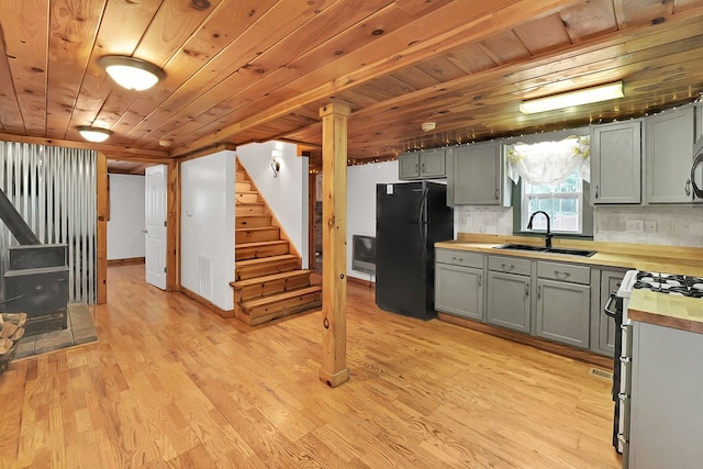 kitchen with sink, gray cabinetry, wood ceiling, light hardwood / wood-style floors, and stainless steel appliances