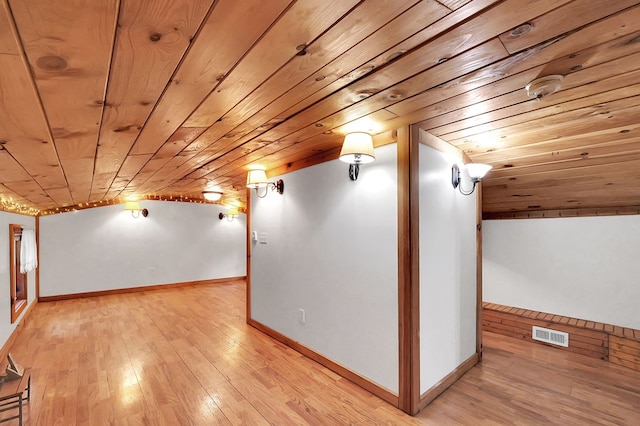 additional living space featuring light hardwood / wood-style flooring, lofted ceiling, and wood ceiling