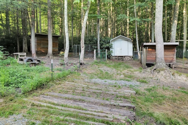 view of yard featuring a storage shed