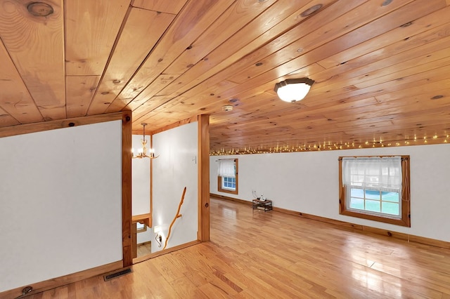 additional living space with wooden ceiling, light hardwood / wood-style floors, a notable chandelier, and lofted ceiling