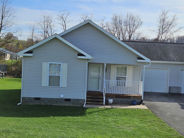 view of front of property with a porch, aphalt driveway, a garage, crawl space, and a front yard