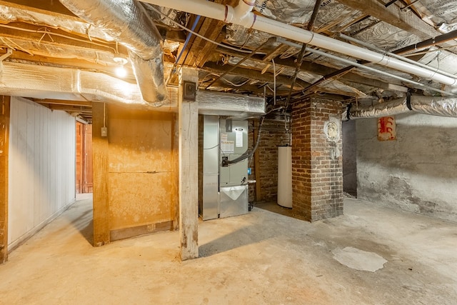 basement with heating unit and water heater