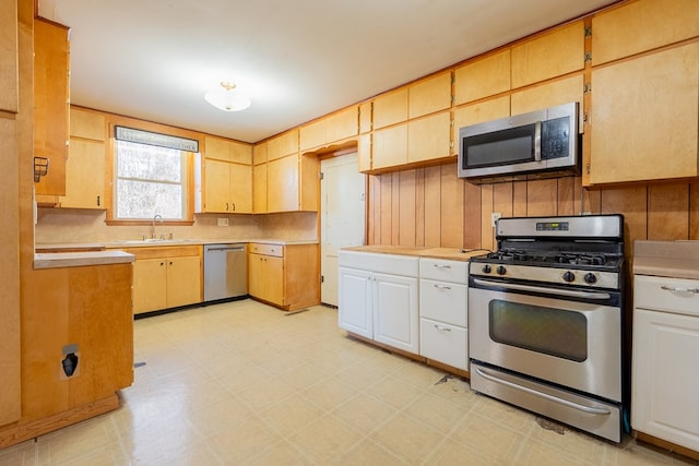 kitchen with appliances with stainless steel finishes, sink, and wood walls