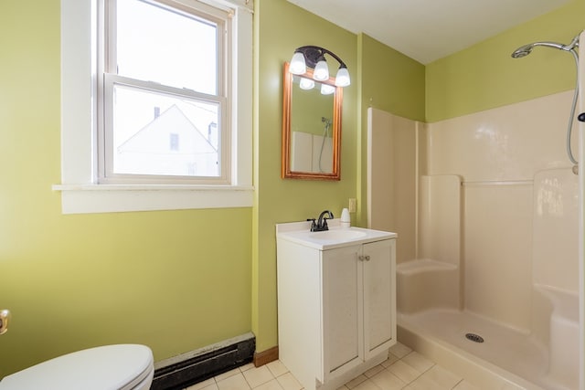 bathroom with tile patterned flooring, a baseboard heating unit, toilet, and a shower