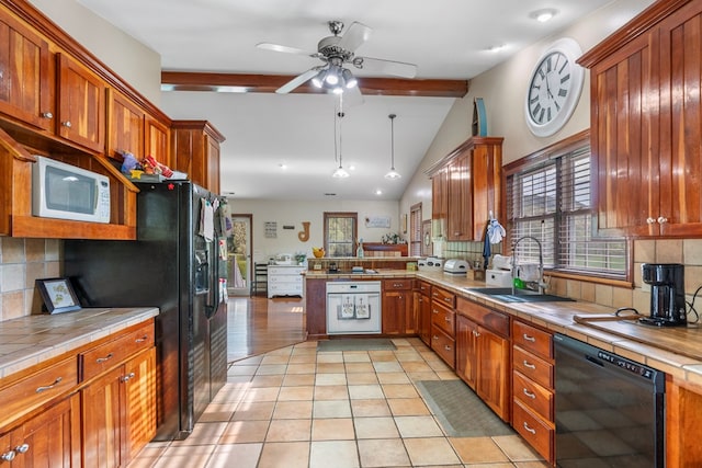 3003 Freestone Valley Rd, Tannersville, VA 24377 - kitchen featuring black appliances, tile counters, backsplash, ceiling fan, and a sink