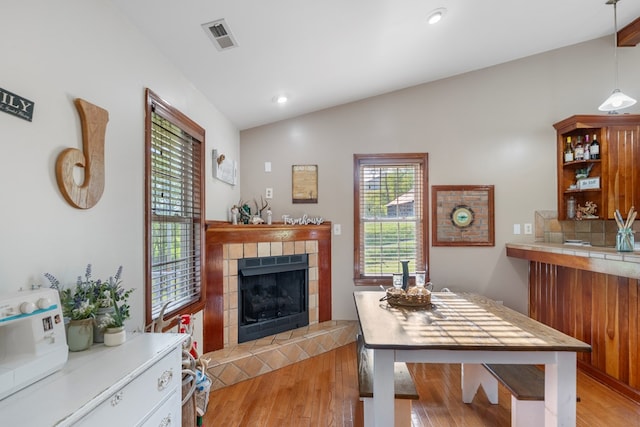 3003 Freestone Valley Rd, Tannersville, VA 24377 - office area with lofted ceiling, light wood finished floors, a fireplace, and recessed lighting