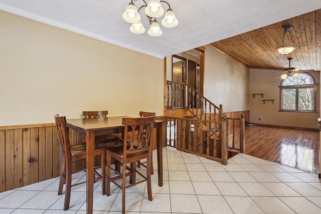 dining room featuring ornamental molding, an inviting chandelier, wood ceiling, and tile patterned floors