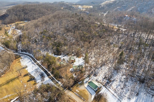 bird's eye view with a wooded view