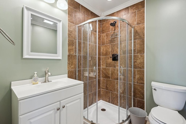 bathroom featuring toilet, a stall shower, and vanity