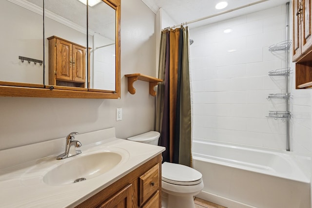 full bathroom featuring a textured ceiling, toilet, vanity, shower / bath combination with curtain, and crown molding