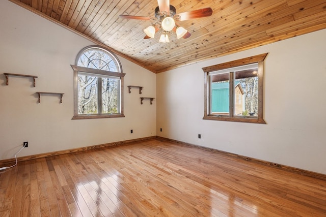 spare room with lofted ceiling, wooden ceiling, a healthy amount of sunlight, and light wood finished floors