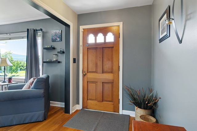 foyer with baseboards and wood finished floors