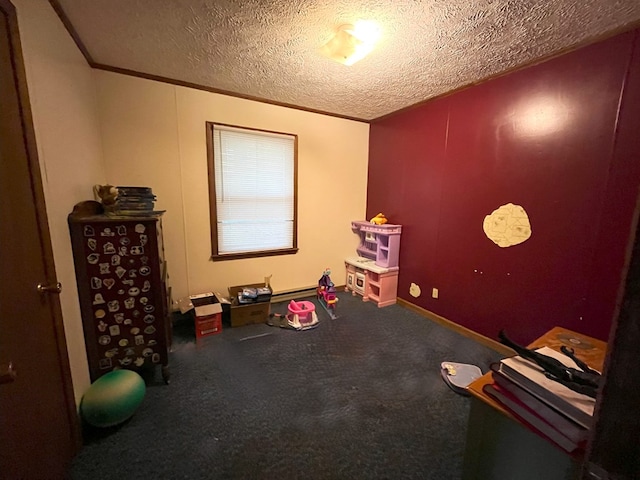 misc room featuring ornamental molding, carpet floors, and a textured ceiling