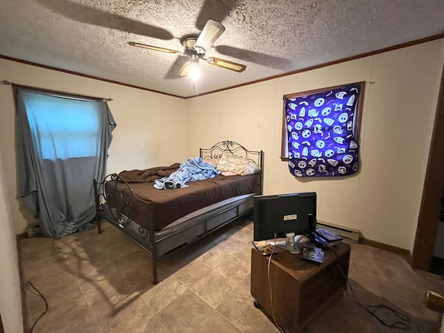 bedroom with ornamental molding, a textured ceiling, ceiling fan, and baseboard heating