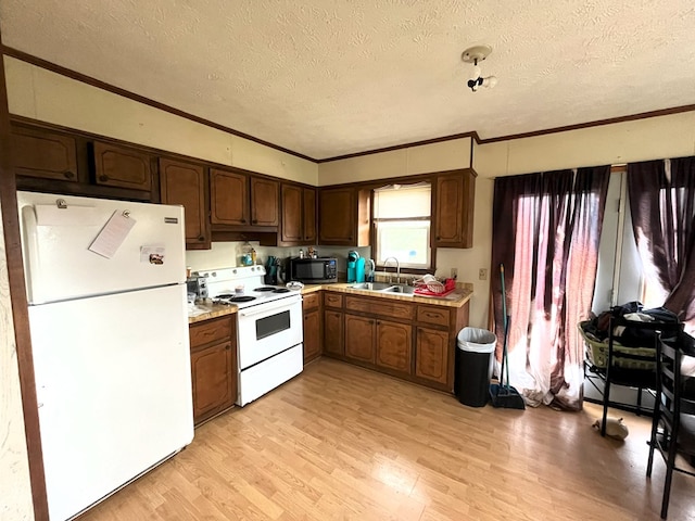 kitchen with sink, white appliances, light hardwood / wood-style floors, crown molding, and a textured ceiling