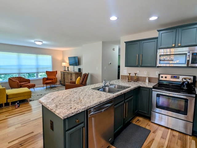 1251 Epperly Mill Rd, Floyd, VA 24091 - kitchen with stainless steel appliances, a peninsula, light wood-style flooring, open floor plan, and recessed lighting