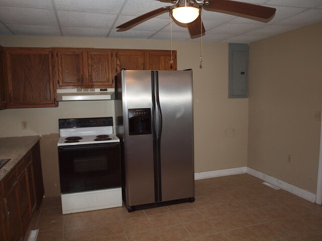 513 Adwolfe Rd, Marion, VA 24354 - kitchen with stainless steel fridge, white electric range, electric panel, under cabinet range hood, and ceiling fan
