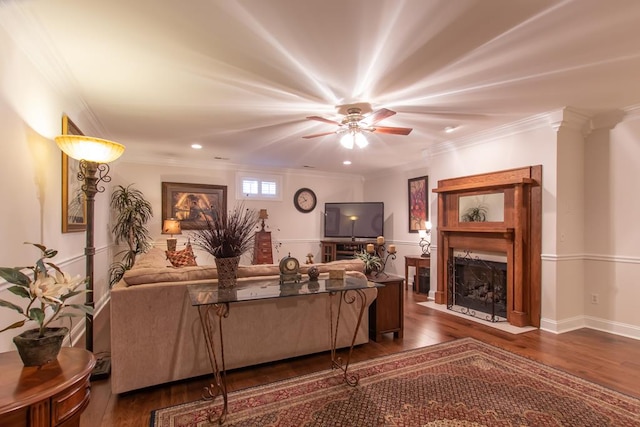 living room featuring a fireplace with flush hearth, dark wood finished floors, ornamental molding, and a ceiling fan