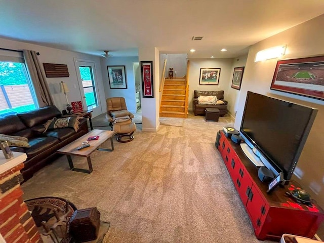 675 Pine Ridge Rd, Wytheville, VA 24382 - living area featuring stairs, light carpet, and recessed lighting