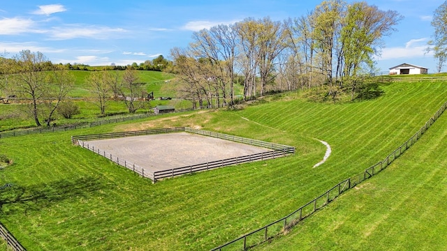 view of yard with a rural view, an enclosed area, and fence